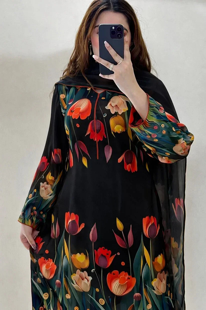3D Flower Digital Print 3PC Suit